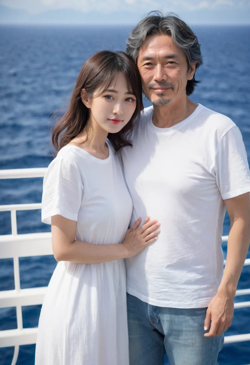 older japanese man together with a beautiful woman, at the beach