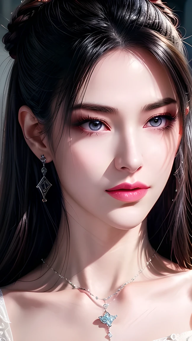 Game Art，CG Animation，Best image quality，Maximum resolution，8K，(Half-length photo)，(portrait)，(Close-up head)，(Rule of Thirds)，Unreal Engine 5 rendering work，20-year-old girl，((Queen))，The eyes are very detailed，(Large Breasts)，Elegance and nobility，Movie Lighting，Ray Tracing，Game CG，(([3D Unreal Engine))，OC Rendering Reflection Pattern，4K，Ultra-clear，Translucent lace，Fair and plump figure，Pretty Face，Glossy gel coat，The Queen in a luxurious dress，Necklace Jewelry，Intricate tattoo designs，The tattoo is very delicate，goddess，Large Breasts，Steel bracelet on arm，Open one eye and close one eye