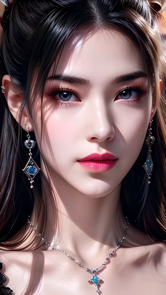 Game Art，CG Animation，Best image quality，Maximum resolution，8K，(Half-length photo)，(portrait)，(Close-up head)，(Rule of Thirds)，Unreal Engine 5 rendering work，20-year-old girl，((Queen))，The eyes are very detailed，(Large Breasts)，Elegance and nobility，Movie Lighting，Ray Tracing，Game CG，(([3D Unreal Engine))，OC Rendering Reflection Pattern，4K，Ultra-clear，Translucent lace，Fair and plump figure，Pretty Face，Glossy gel coat，The Queen in a luxurious dress，Necklace Jewelry，Intricate tattoo designs，The tattoo is very delicate，goddess，Large Breasts，Steel bracelet on arm，Open one eye and close one eye