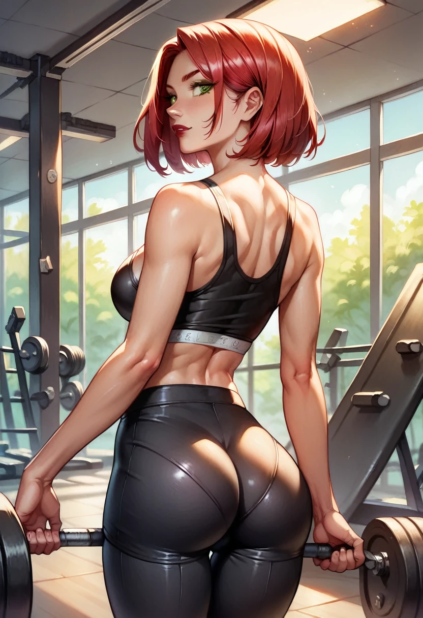 (high-level image quality), (high quality), (high resolution), (detailed), (masterpiece), beautiful woman, ((caucasian)), green eyes, red hair, bob cut, dark red lipstick, busty, slender body, Detailed eyes, perfect eyes, Detailed face, yoga pants, backside