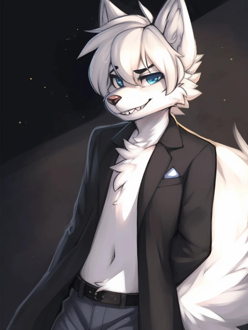 Best quality, Super detailed illustration, cartoon illustration, ultra high 4k quality, ((masterpiece, best quality)) by zackary911,zackary911, fluff-kevlar, by fluff-kevlar, anthro wolf, large wolf ears, wolf nose, mouse  sharp teeth, gray and white fur, male, solo, one character, furry character, furry male. blue eyes, big ears, white lab coat, blue shirt, blue jeans, white fur. fluffy fur, big wolf tail, serious face, only one tail, dark background, no hair, beautiful smug smile