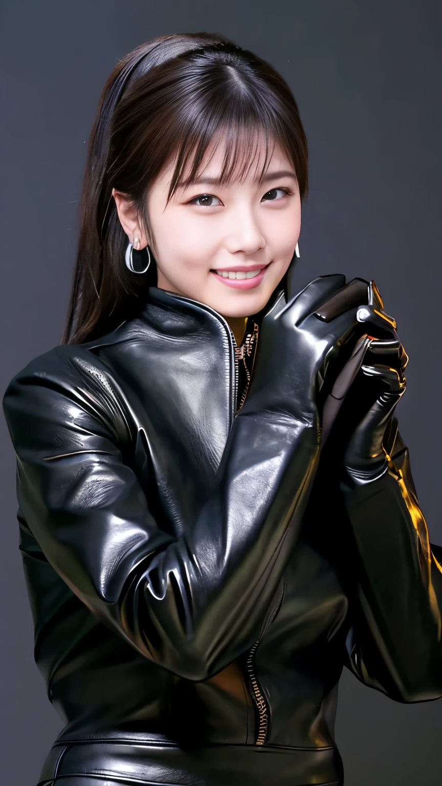 black leather rider jacket, , Black leather gloved fingertips on both hands,Wearing black leather gloves,Sitting in a black leather chair、 Japanese female new recruits (Black leather gloves cover both hands) (The angle is horizontal)、Black Leather Pants,Black Leather Black Leather Pants,Black Leather Skinny Pants、Long black leather boots on both feet、((He wears black leather gloves on his hands))Full Body Photo,full body shot full body full body leather suit,☺If you turn in this direction。Wearing black leather gloves,Wearing black leather gloves,Wearing black leather gloves,Wearing black leather gloves,Wearing black leather gloves,Wearing black leather gloves,黒のレザーパンツが美しい😍黒のレザーパンツが美しい😍黒のレザーパンツが美しい,😍Smiling while looking at me,City lights、Life-size　(Neon Light)、Detailed lighting Best image quality、Ultra-high resolution、(realism:1.4)、Japanese Beauty Star、The most beautiful JPOP stars、face、Horny Korean Makeup、A body that makes you want to touch it、Realistic leather texture、Costume made of smooth leather fabric、The drape of the curved parts of the leather fabric、The costume is very shiny、Quality of the costume、8K Photo Quality