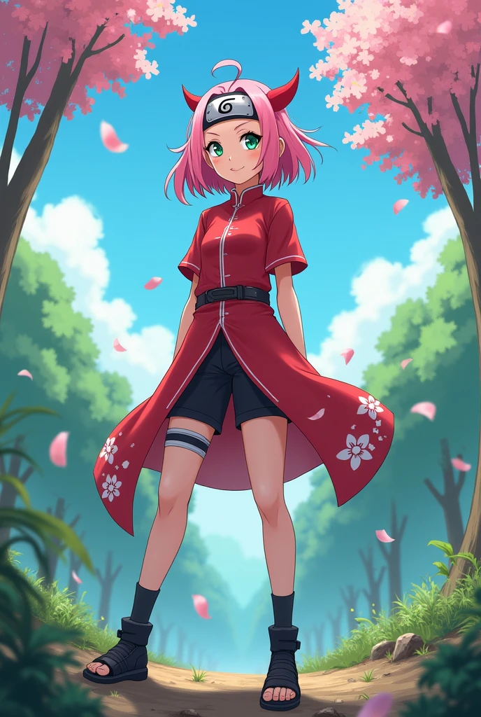 Nsfw, ((ultra quality)), ((masterpiece)), girl 1 year old, Haruno Sakuro as a child, naruto, satisfied:9, happy:9, embarrassed:9, carefree happy childhood, the girl plays carefree, happy child, clear forehead without patterns, designs and spirals, (Sakura Haruno Clothes, tight disposable shorts, leggings)
