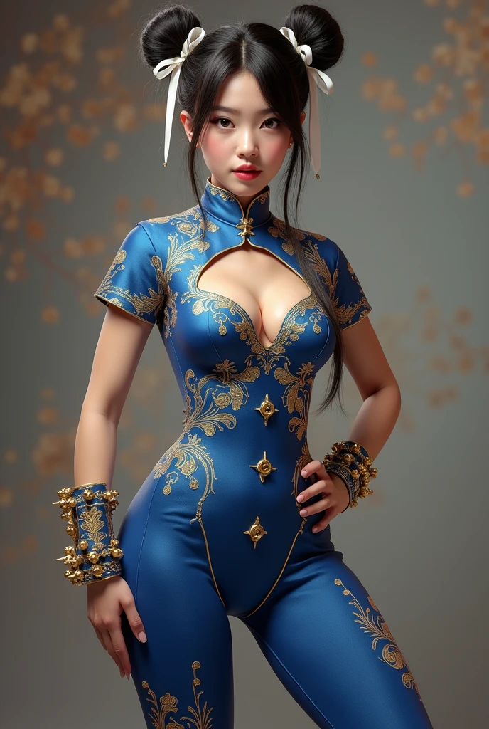 8K,Masterpiece,Woman in her 20s, Chunlim, (Perfect face), Defined jawline, Beautiful brown eyes, Beautiful lips, (short brown hair, Hair bun, Double bun), (Perfect Handle Chinese Dress Fessum), Tight blue track pants, Spiky bracelet, (Vertical split pose), Looking at Viewer, (medium-full shot), Realistic, Sexy possessions、(((Richly decorated with costumes)))、Kick Open Pose、Farbe々Variation Pose、Navel Ejection、Chinese landscape background,cleavage of the breast,