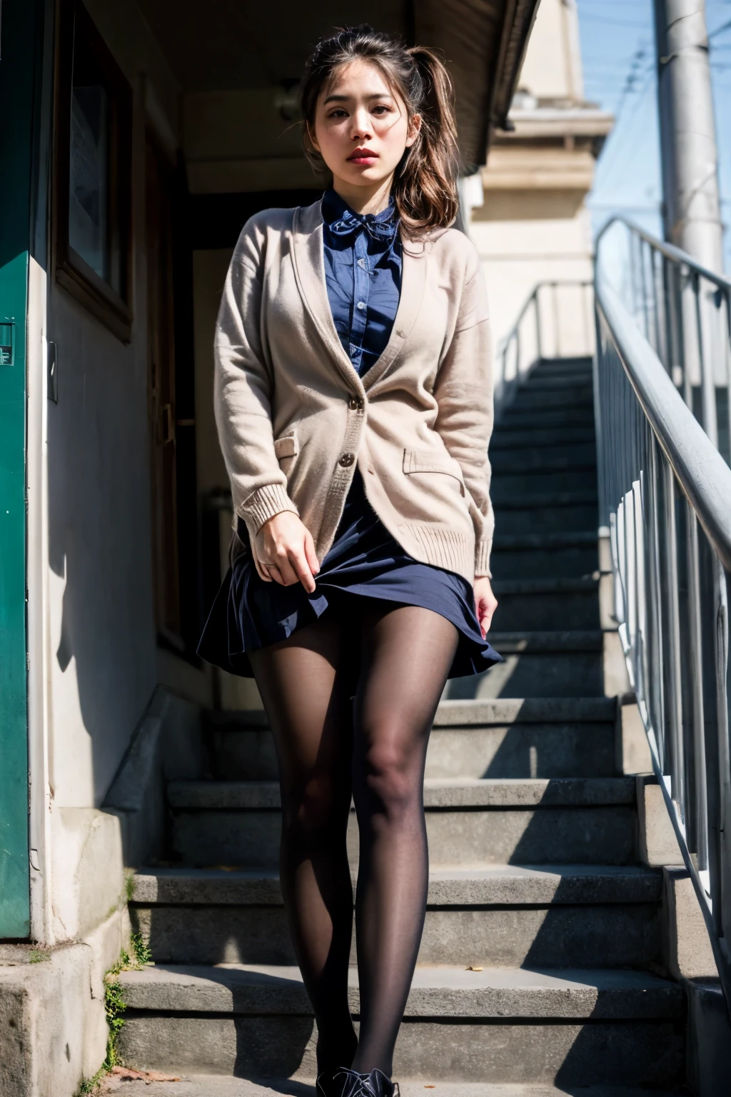 A woman in a skirt and jacket is walking up the stairs - SeaArt AI