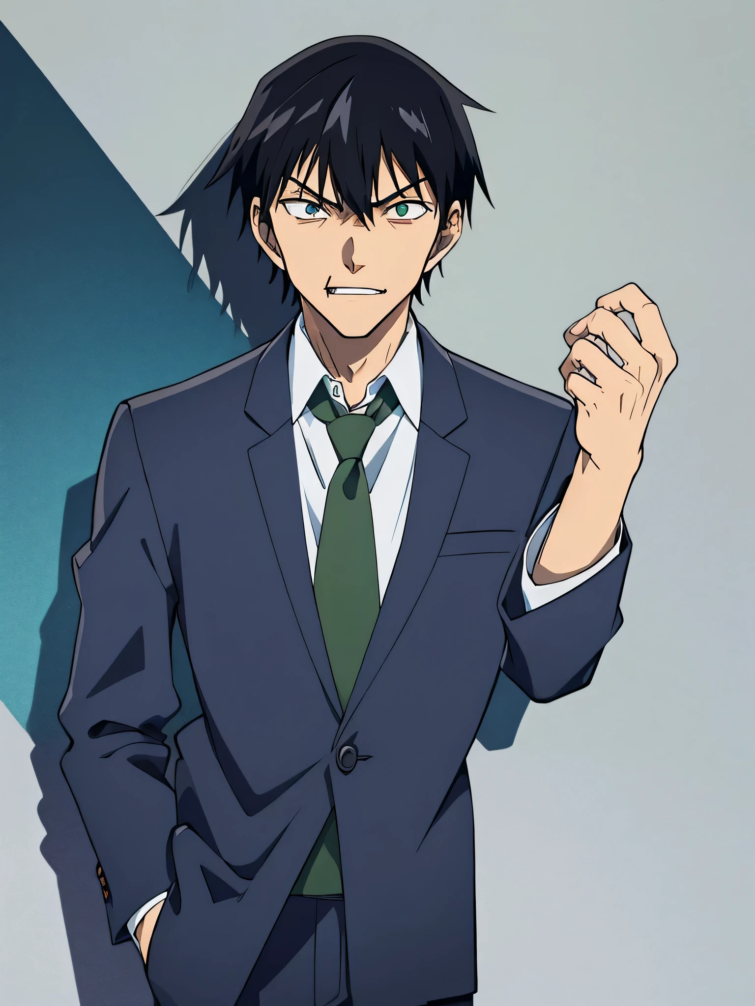 fushiguro toji, 1male, solo, dark blue suit, green necktie, dark blue slack, black hair, evil face