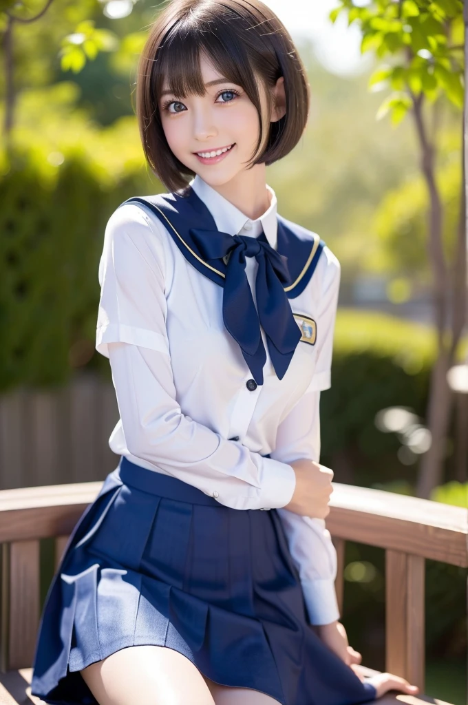 Japanese high school girl, brown eyes, smiling face, young face, black hair, bob cut, blue hairband, white short-sleeved blouse, blue ribbon decoration on collar, blue suspenders, blue miniskirt, black socks, blue shoes, entertainment district, blue sky and white cumulonimbus clouds, standing in front of the fountain square, wet sidewalk