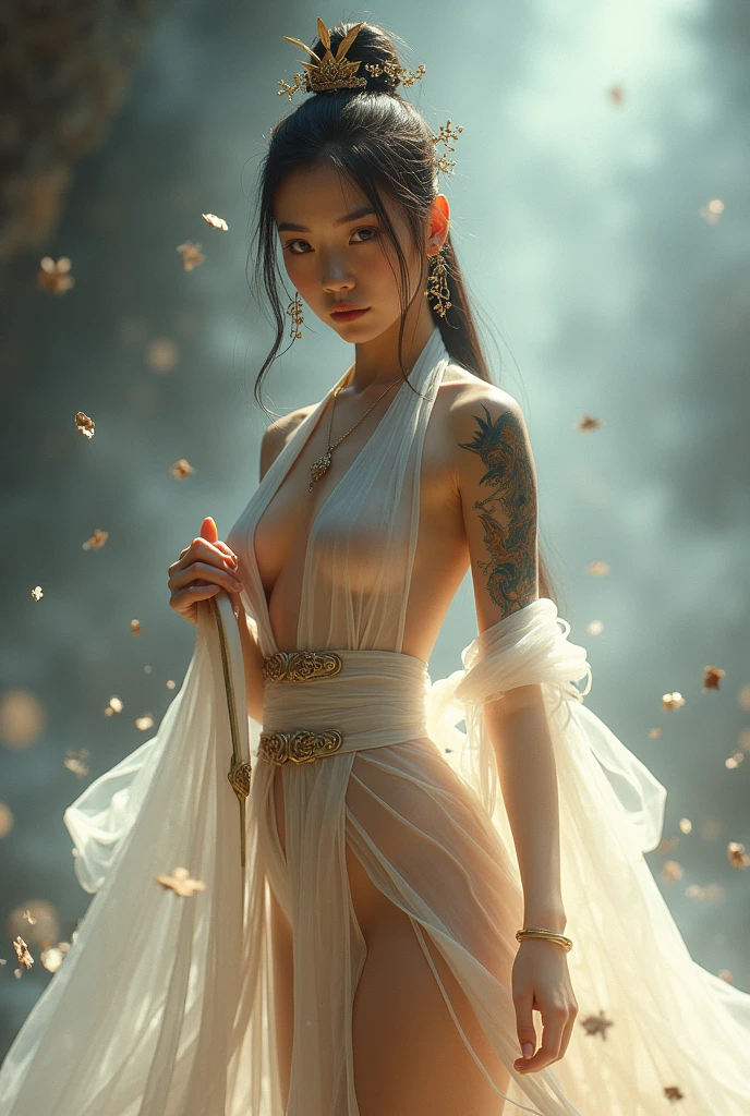 the young woman is wielding a sword in the background, topless, in the style of xiaofei yue, ethereal images, light white and red, colorful costumes, movie still, weathercore, dynamic and action-packed --ar 1:2 --stylize 750 --v 6