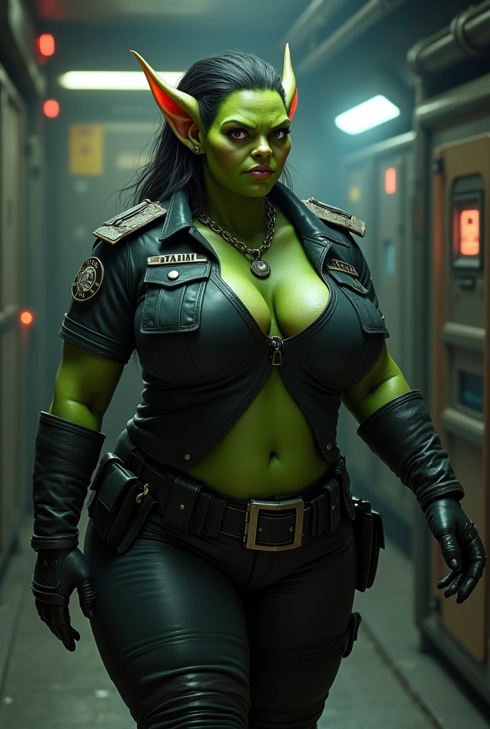 space goblins (hot ugly women, green skin, a little chunky, big tits, wide hips, sexy scrap metal space suits, scrap metal ships, scrap metal weapons, skull insignias) in the bedroom, lewd poses
