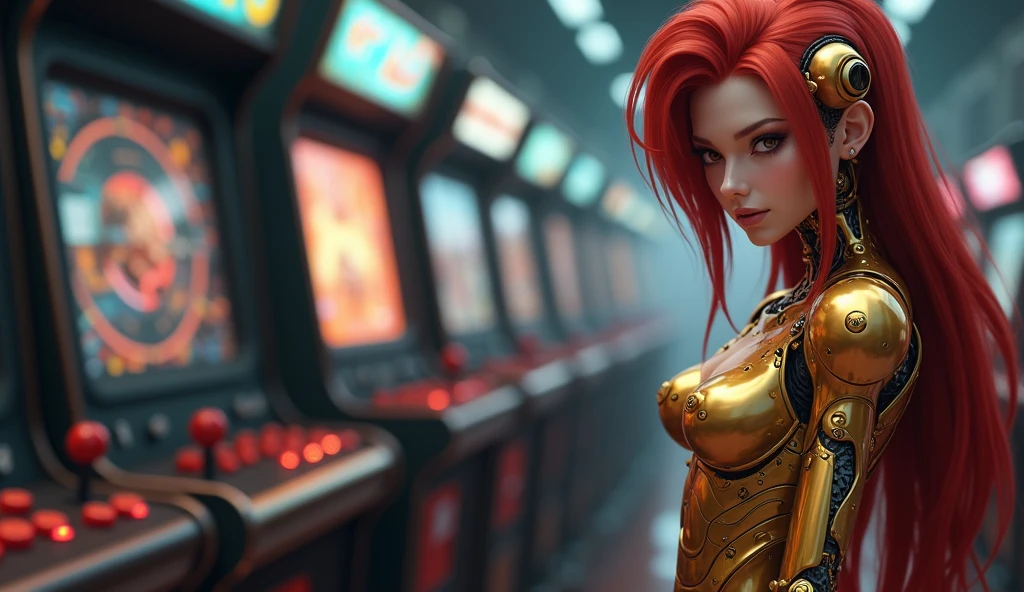 Sexy auburn lady big breast, robot arms ,bunny outfit, casino, happy