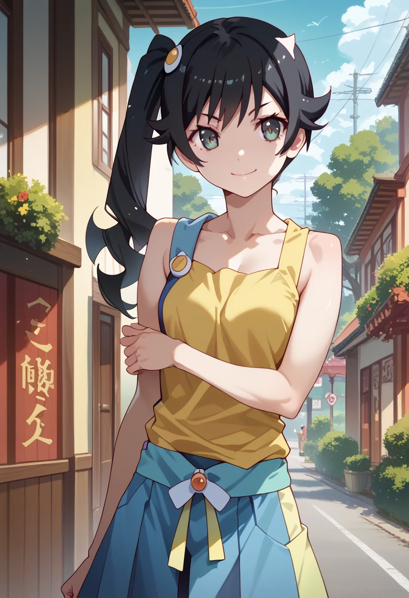 masterpiece,High resolution,Best Quality,8k(Bakemonogatari,araragi karen)(Fourteen year old girl,Black Hair,One side up ponytail,Slim body)smile