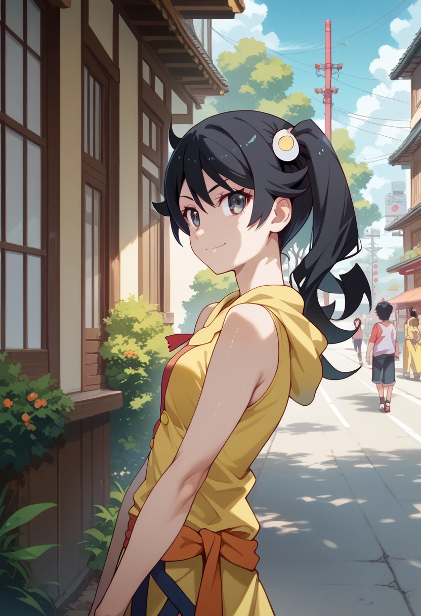 masterpiece,High resolution,Best Quality,8k(Bakemonogatari,araragi karen)(Fourteen year old girl,Black Hair,One side up ponytail,Slim body)smile