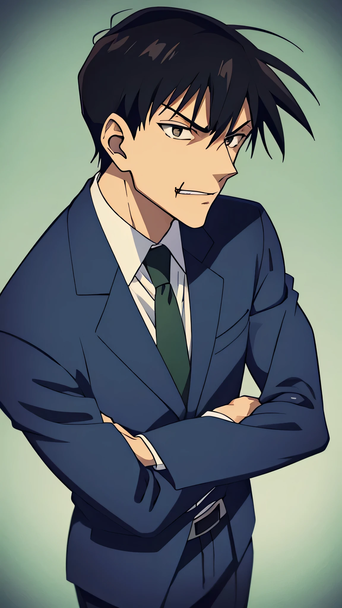 fushiguro toji, 1male, solo, dark blue suit, green necktie, dark blue slack, black hair, evil face