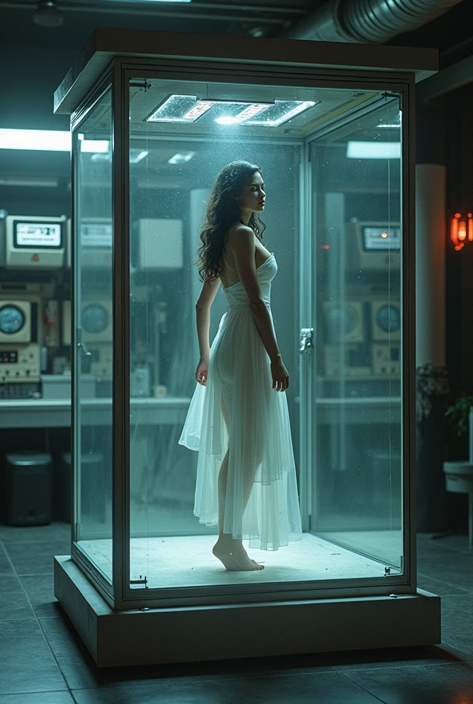 a beautiful young woman (Mila Kunis, age 25), wearing a sheer nightgown, standing in a trance-like state outside her house, a UFO hovering outside the window, extending giant slimy eldritch tentacles that restrain her arms and legs as it draws her into the UFO, dark moody lighting, cinematic composition, highly detailed, photorealistic, concept art style