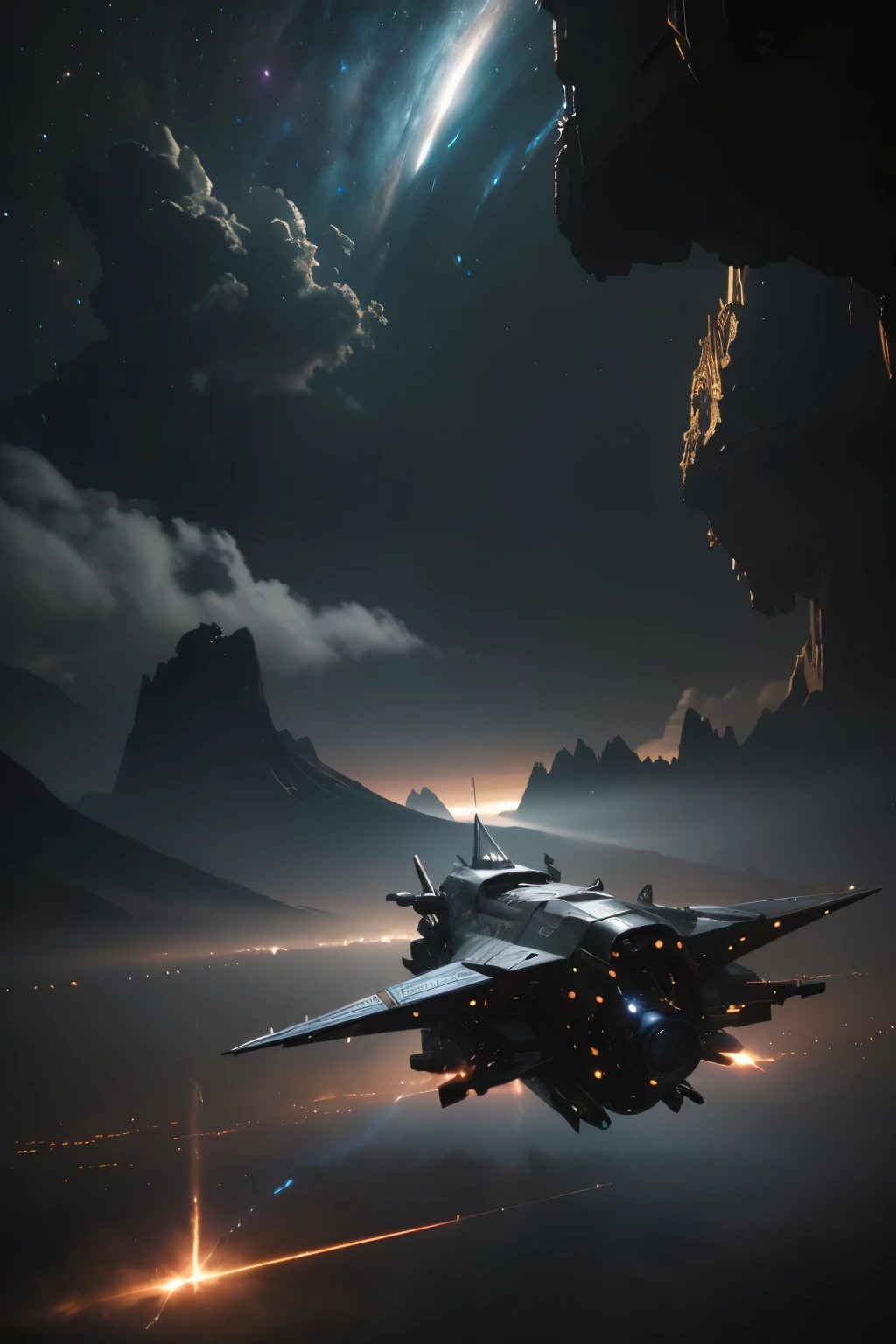 a battle between spaceships, highly detailed, cinematic lighting, photorealistic, 8k, hyperrealistic, volumetric lighting, dramatic clouds, nebula, glowing engines, metallic textures, intricate details, futuristic technology, dynamic camera angle, realistic physics simulation, cinematic atmosphere, dramatic colors, cinematic composition