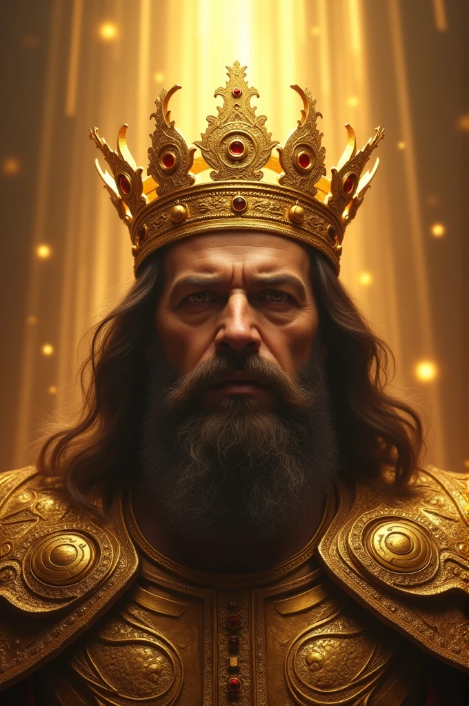 A Hebrew king alone with many golds and jewels around him on a throne and gold and a crown of gold and precious jewels --auto --s2