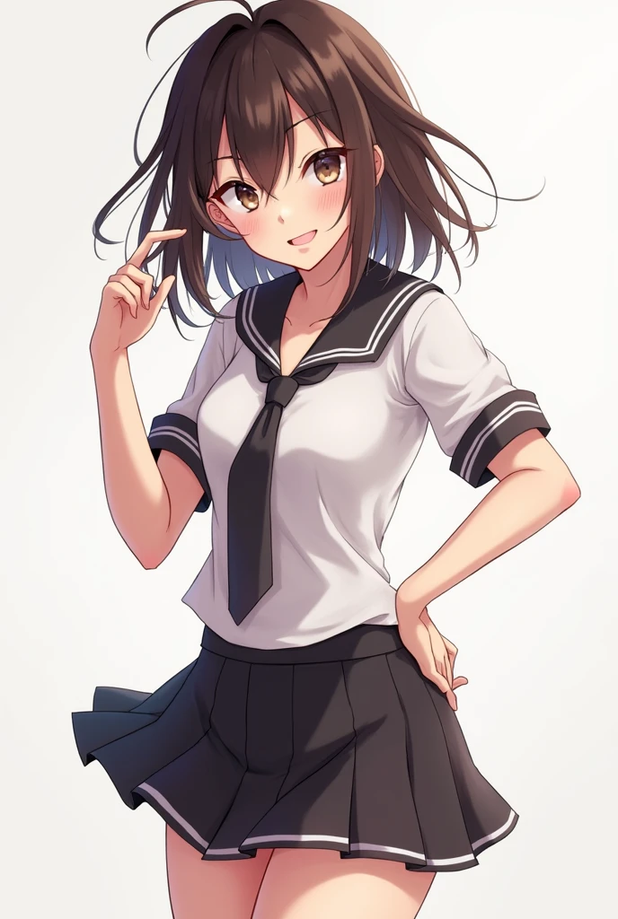 One Girl、AS-Adult、Laughter、shirt、Skirt、（Small Tits）Japanese High School、uniform、serafuku、Thighsで歩く、Upper body portrait、Short Wave、Brown Hair、Black sailor ribbon around the neck、Short bangs、Short sleeve、Sexy pose、Thighs