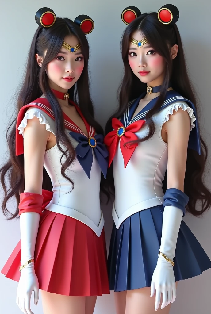 Highest quality, 8K quality, Masterpiece, Two busty women standing side by side, (Super big breasts compressed by clothes:1.2), Whitening skin, Sparkling Blue Eyes, Sailor collar mini dress, Above the knee, Skirtliftv1, (Protruding and accentuated booty), Super big breasts in a frontal view, (White panties), grabbing own ass