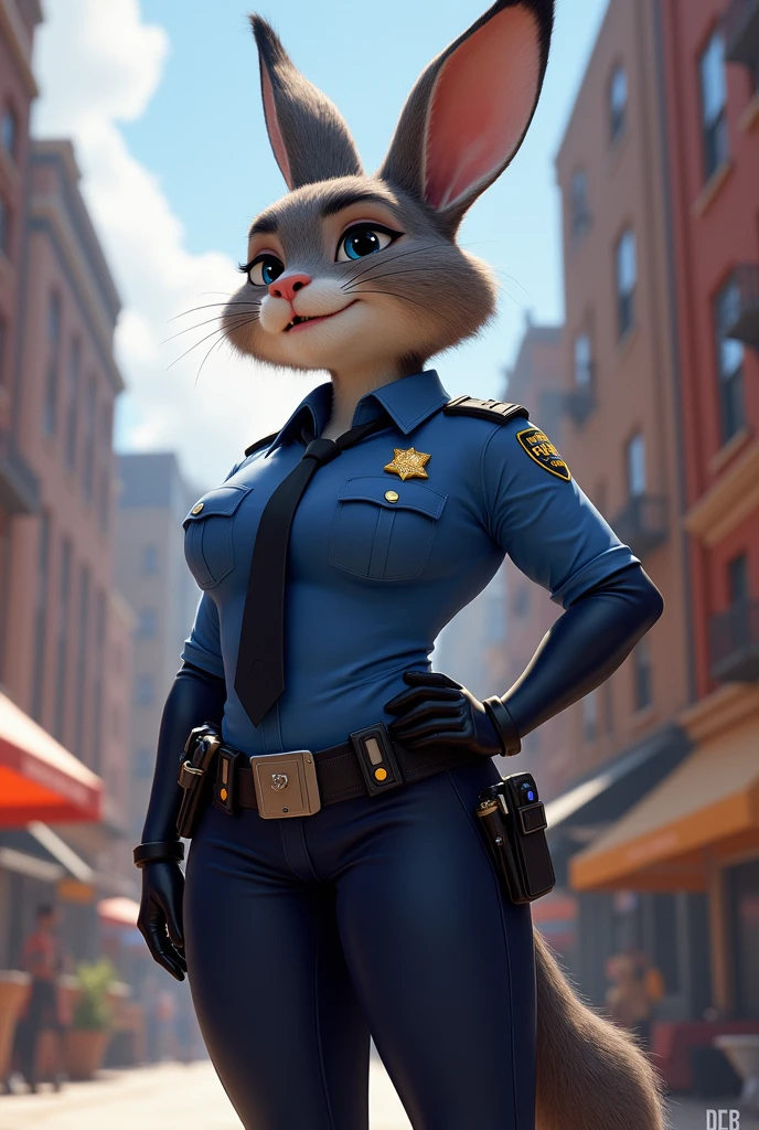 By disney pixar, 3d, duo, by qupostuv35, macro, ((judy hopps)), female, zootopia, Police uniform, thigh crushing, (break, (micro fox head between Judy's thighs))