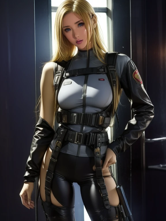 (((Masterpiece))) 1woman, 30yo, sexy and sensual, (((perfect sexy body))), (((beautiful face))), (((big tits))), wearing a short leather skirt, two guns holstered at the waist, a leather thinny t- shirt, knee-high boots, she's a cowgirl from the future, blond long hair, (((beautiful thighs))))