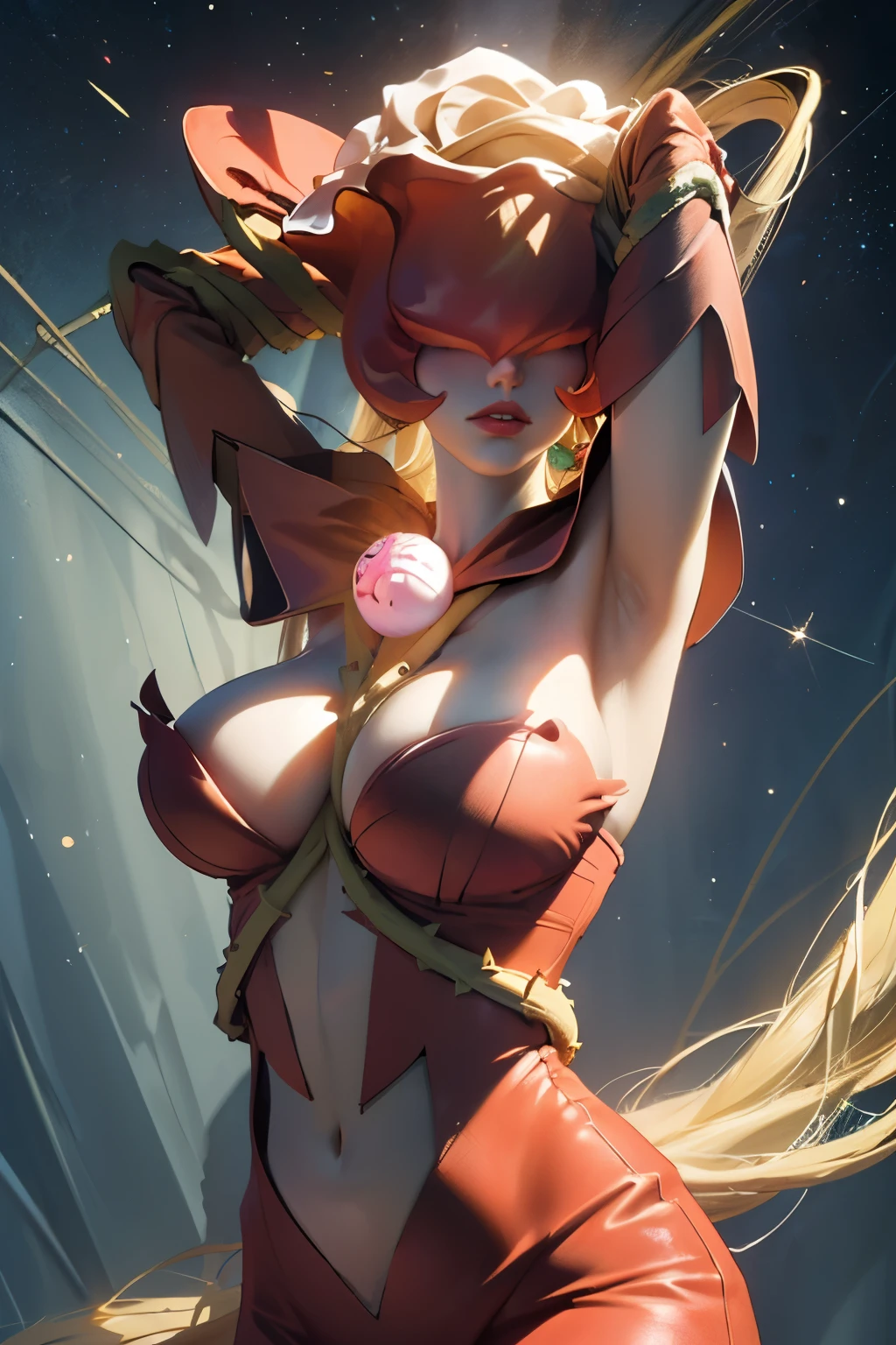 (masterpiece, top quality), (medium),official art, beautiful and aesthetic:1.2),(rosemon:1.3), (fractal art:1.3),upper body, from side, (slendered abs:1.2), looking at viewer,(((starry sky))), stars in the background, shining halo,((NSFW, gigantic breasts:1.1)), (midriff),((ultra detail eyes:1.5)),((extremely detailed CG unity 8k wallpaper,masterpiece, best quality)), ((ultra-detailed:1.5)),(best illumination, best shadow, an extremely delicate and beautiful),(extremely detailed CG unity 8k wallpaper,masterpiece, best quality, ultra-detailed),(best illumination, best shadow, an extremely delicate and beautiful),(perfect body: 1.5),(masterpiece), dynamic movement, digital art, otherworldly, a burst of color, explosive energy, chaotic beauty, (hair flowing:1.2, hair glowing), (body distorted:1.5, body fragmented), (face obscured:1.2, half hidden), (background: broken, shattered, fractured), (light: flickering, pulsating, radiating).