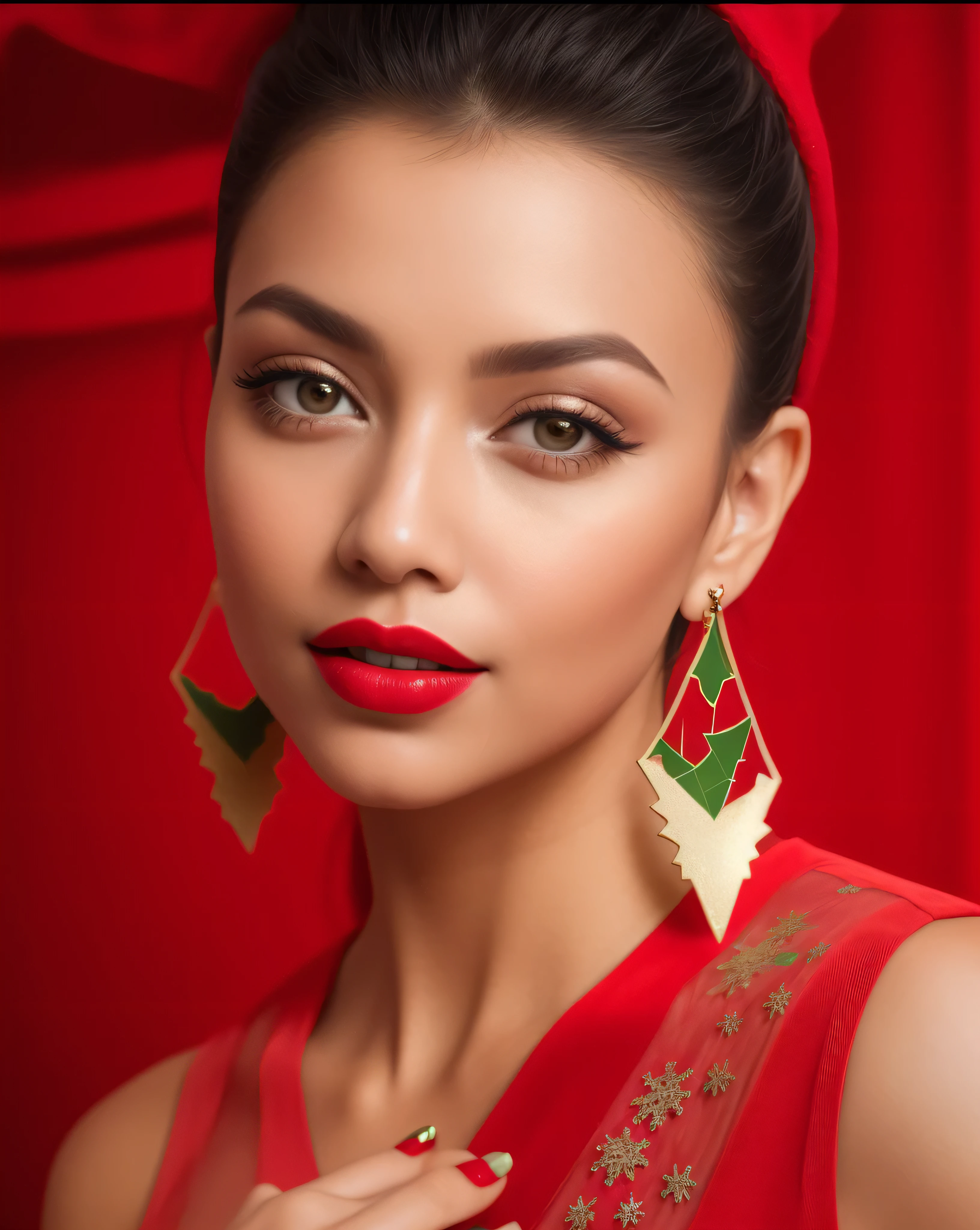 a close up of a woman with a red dress and earrings, portrait of modern darna, sexy lips :5 stylish, nivanh chanthara, by Emma Andijewska, portrait sophie mudd, photoshoot, jaw-dropping beauty, headshot profile picture, red lipstick on face, inspired by Sasha Putrya, insanely beautiful, red lips,HD, (finest details), (best quality), Merry, Christmas decorations, night, Christmas theme, Christmas gifts, Christmas tree, best quality, high resolution, Christmas decorations, lights, snowflakes, (( (Red Christmas hat))),