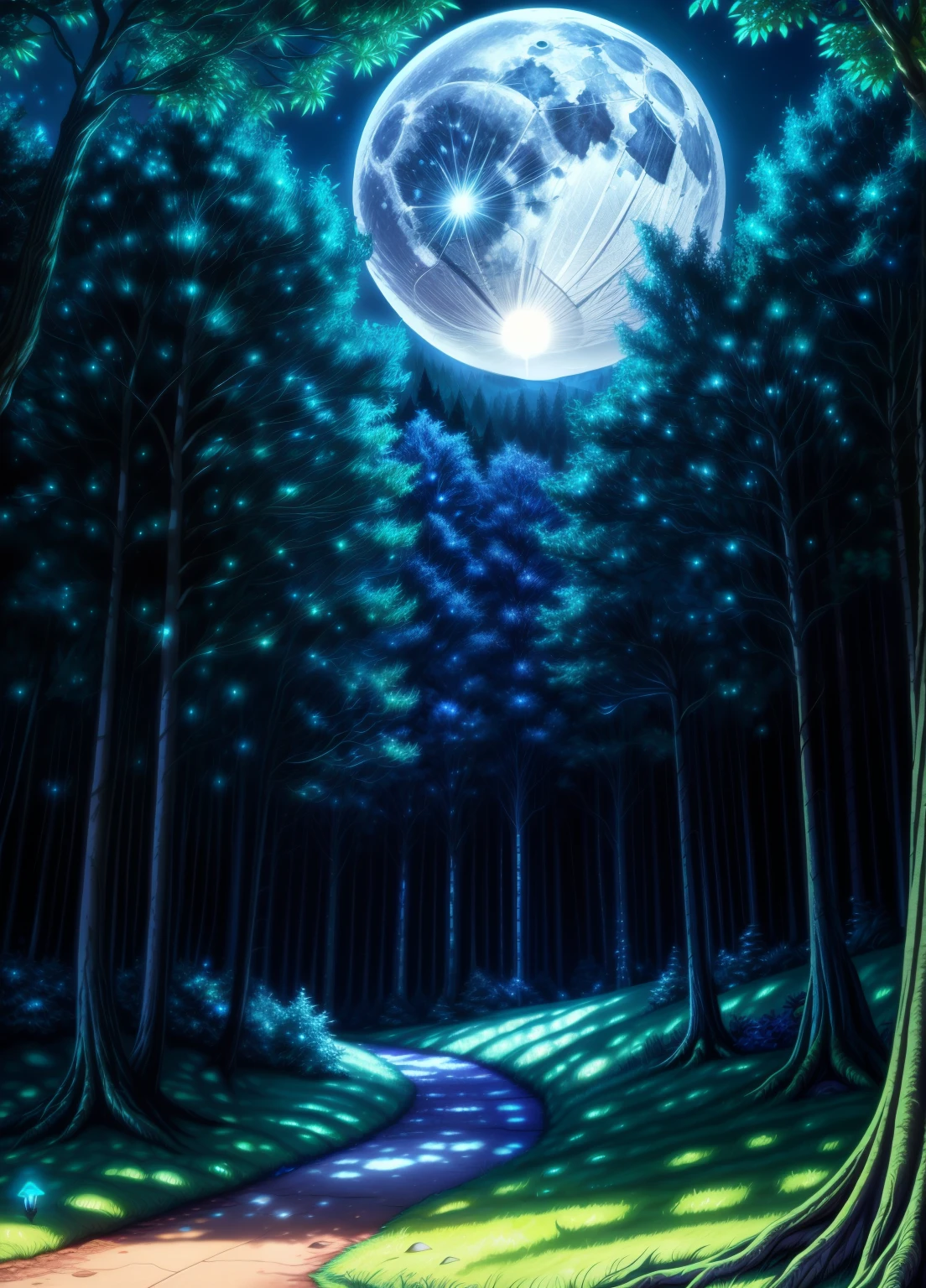 a magical enchanted forest, full moon rising from behind the hills, lush greenery, towering ancient trees, mystical moonlight, shimmering moonbeams, enchanted glowing mushrooms, whimsical forest creatures, serene atmosphere, picturesque landscape, dreamy and ethereal, (best quality,8k,highres,masterpiece:1.2),ultra-detailed,(realistic,photorealistic,photo-realistic:1.37),fantasy landscape,cinematic lighting,vibrant colors,dramatic shadows,mystical ambiance