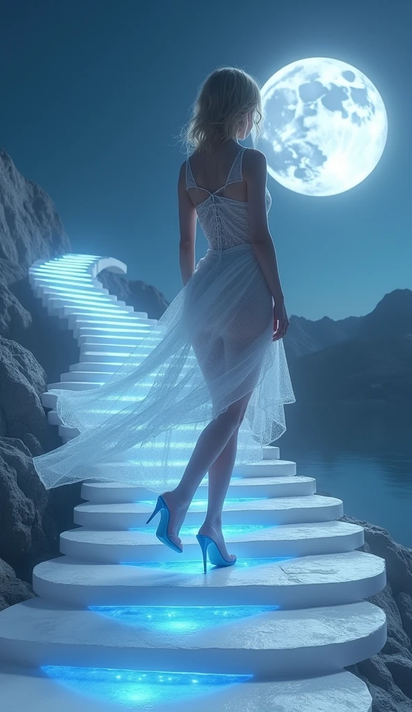 A woman in a dress climbs the stairs in blue glowing high heels、High heels close up、An endless white staircase leading to the surface of the moon、Fair skin and beautiful legs、Elegant costumes、Moonlight Lake Background、See-through lace outfit、Backlight、High-definition images、
