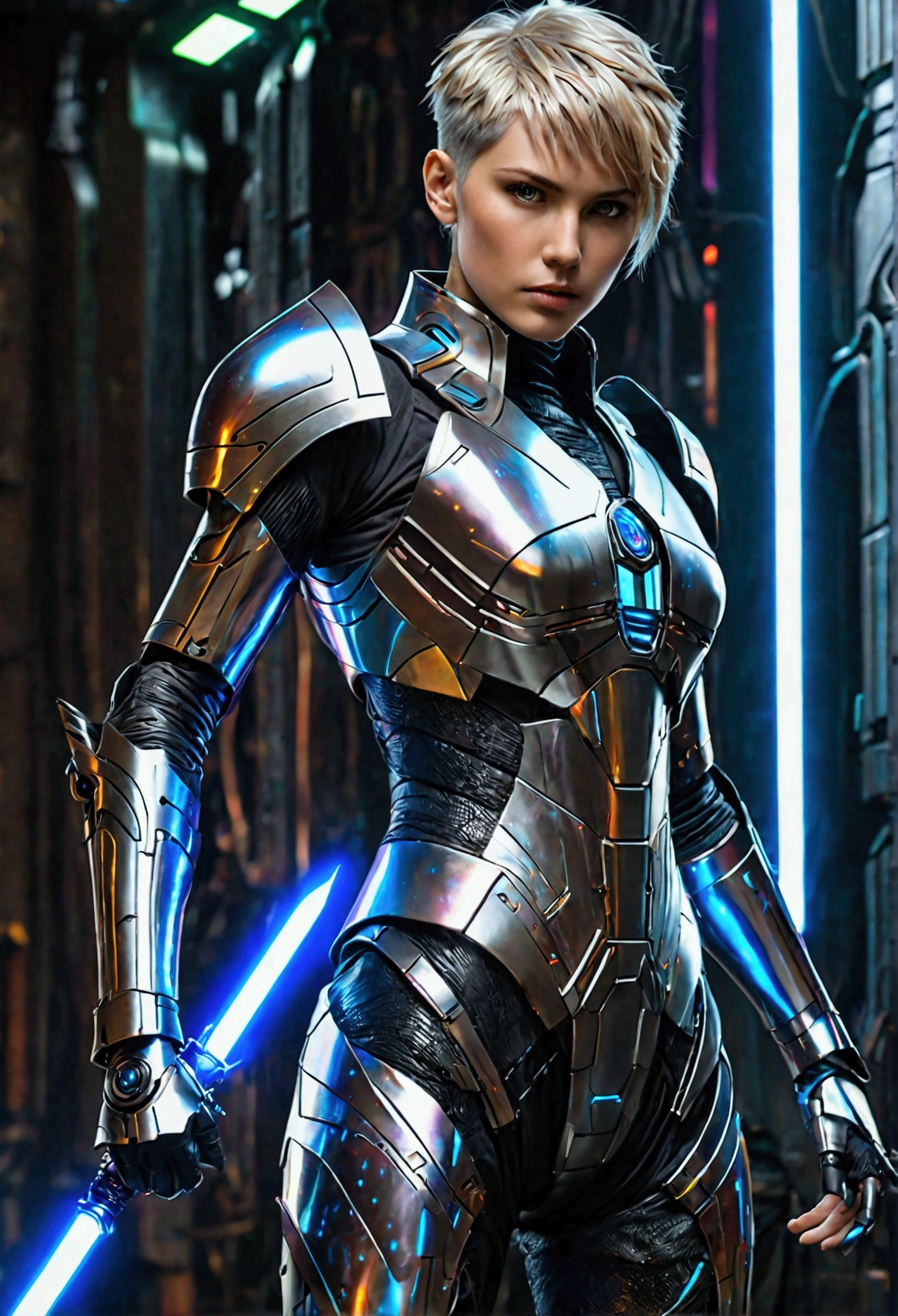 A cute woman (sci fi outfit, tight fitting body armor, wielding a blue light saber) behind her is a rack with various weapons and costume pieces