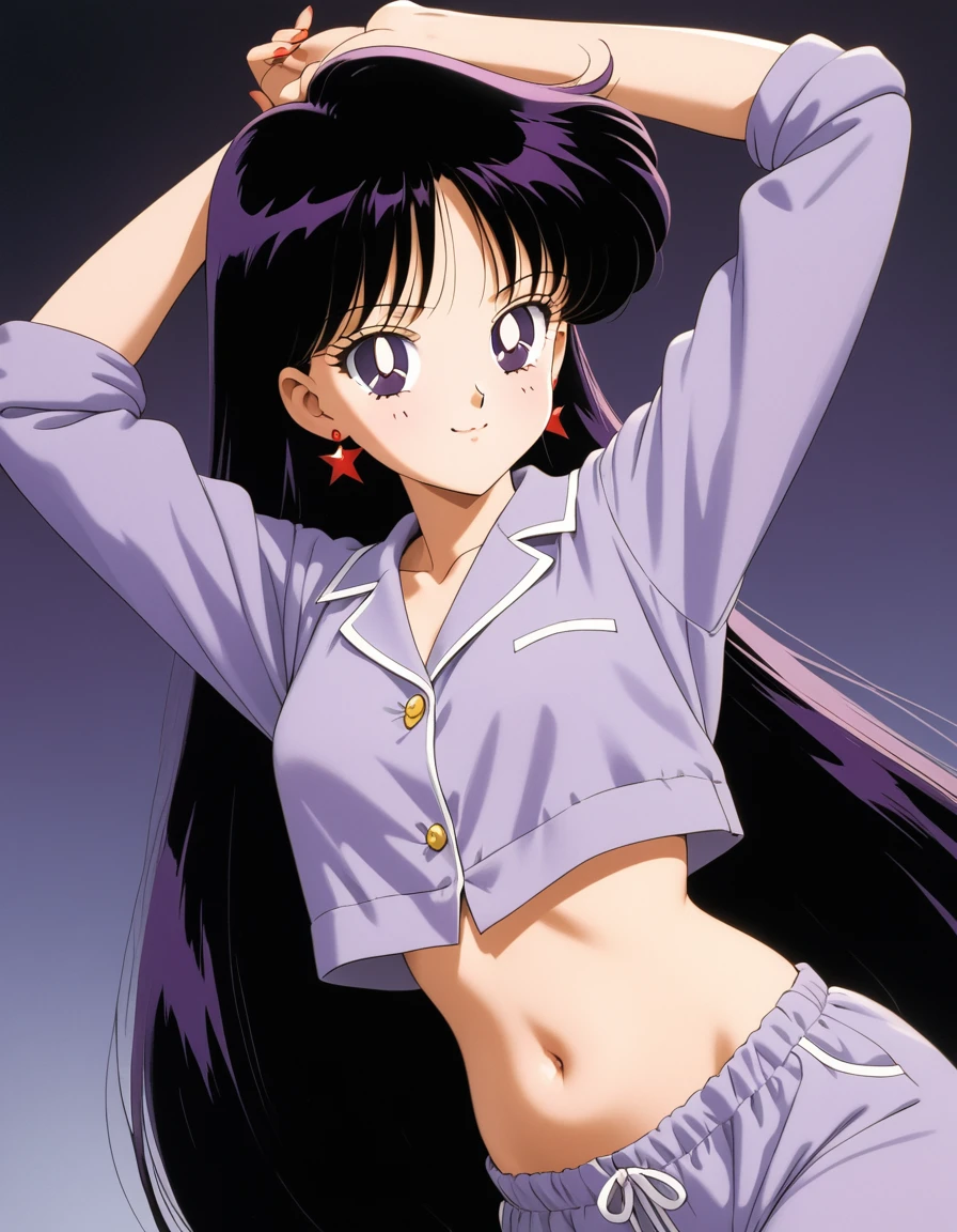 aamars, very long hair, black hair, parted bangs, purple eyes, 1990s \(style\), 1 girl, solo, Best quality, masterpiece, High Definition, Purple Pajamas, Midriff, Belly Button, Smile, Stretching, Both Arms Up