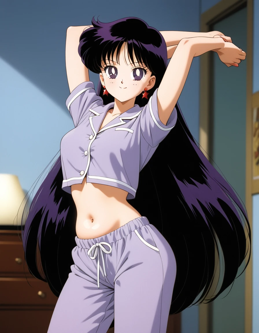 aamars, very long hair, black hair, parted bangs, purple eyes, 1990s \(style\), 1 girl, solo, Best quality, masterpiece, High Definition, Purple Pajamas, Midriff, Belly Button, Smile, Stretching, Both Arms Up