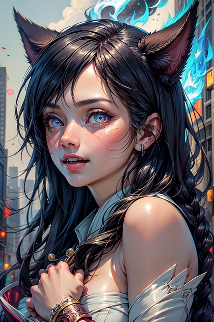 Cyberpunk cat on motorcycle, inkpunk Lite768, f/1.4, close-up film photography, portrait of a woman, reddish brown long, cyan eyes, traditional jewelry, elegant pose, atmospheric lighting, film composition, details, spring
