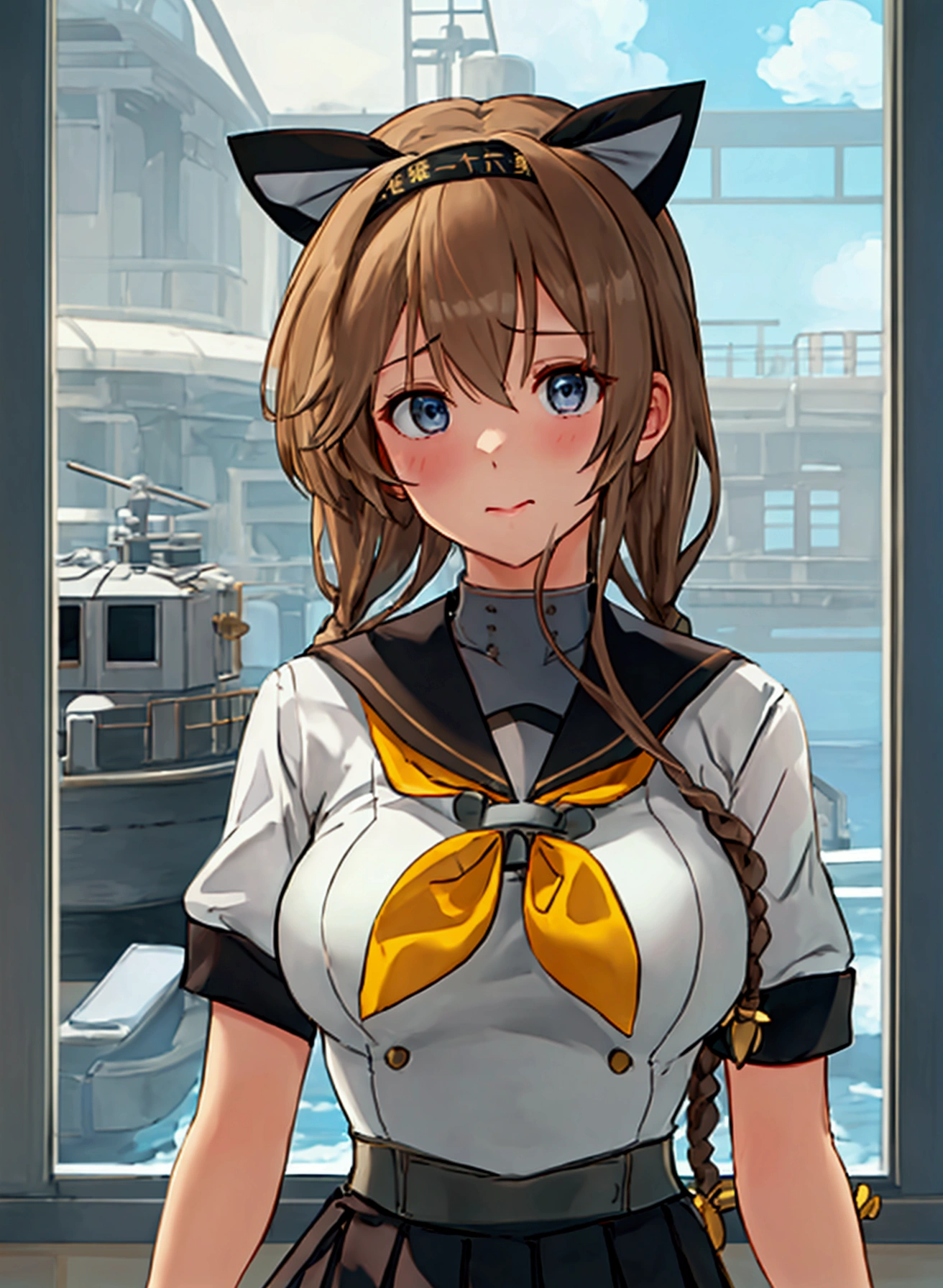 (masterpiece), (Best Quality), (Super detailed), Realistic, (Very delicate and beautiful)　Kantai Collection_Tezuki　Teruzuki_kantaicollection　1 person　Twin braids、Light brown hair、Propeller hair accessory、blue eyes、chest、Cheek、Headband、Serafuku、Gray、Black headband、黒Sailor collar、 Black Skirt、Sailor collar、Yellow neckerchief、corset、Pleated skirt、White gloves　Pull up your skirt　Office　Look up here　Embarrassed look