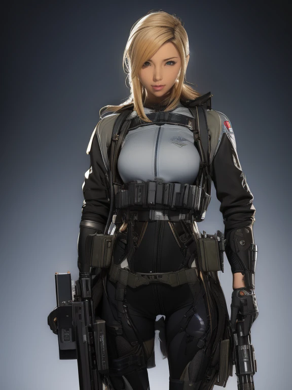 Best image quality, Great details, Ultra-high resolution, (realism: 1.4), ((close:0.75)), One woman is very condensed, With a beautiful and delicate face, Perfect Proportions, Narrow your target audience, Small breasts), Blonde, (High-tech suit), (Cyborgs compared to police uniforms,,, Black and grey mech, Military Harness, Has a machine gun, Hitch Tech Flame Thrower Tank Carrying), Simple gray wall in the background,