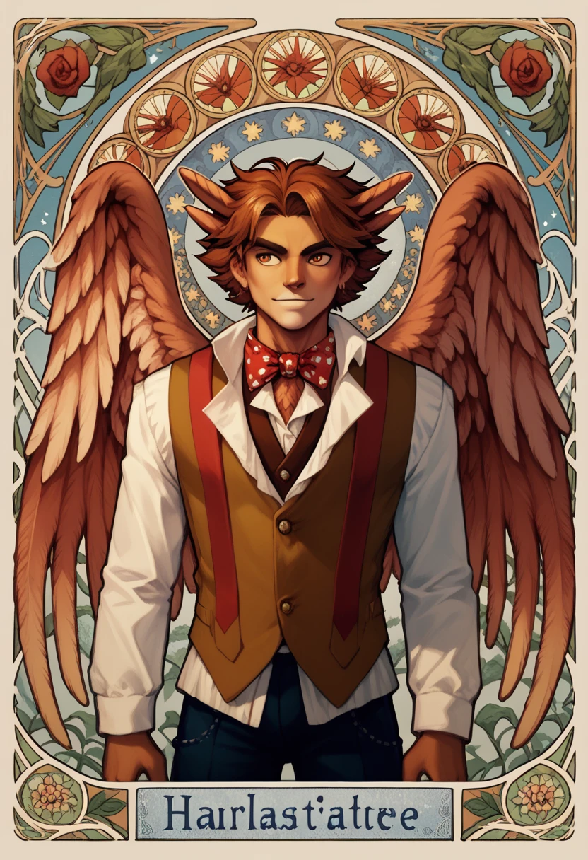 masterpiece, art nouveau, 1boy, herneval, feathered, wings, vest, upper body, front view