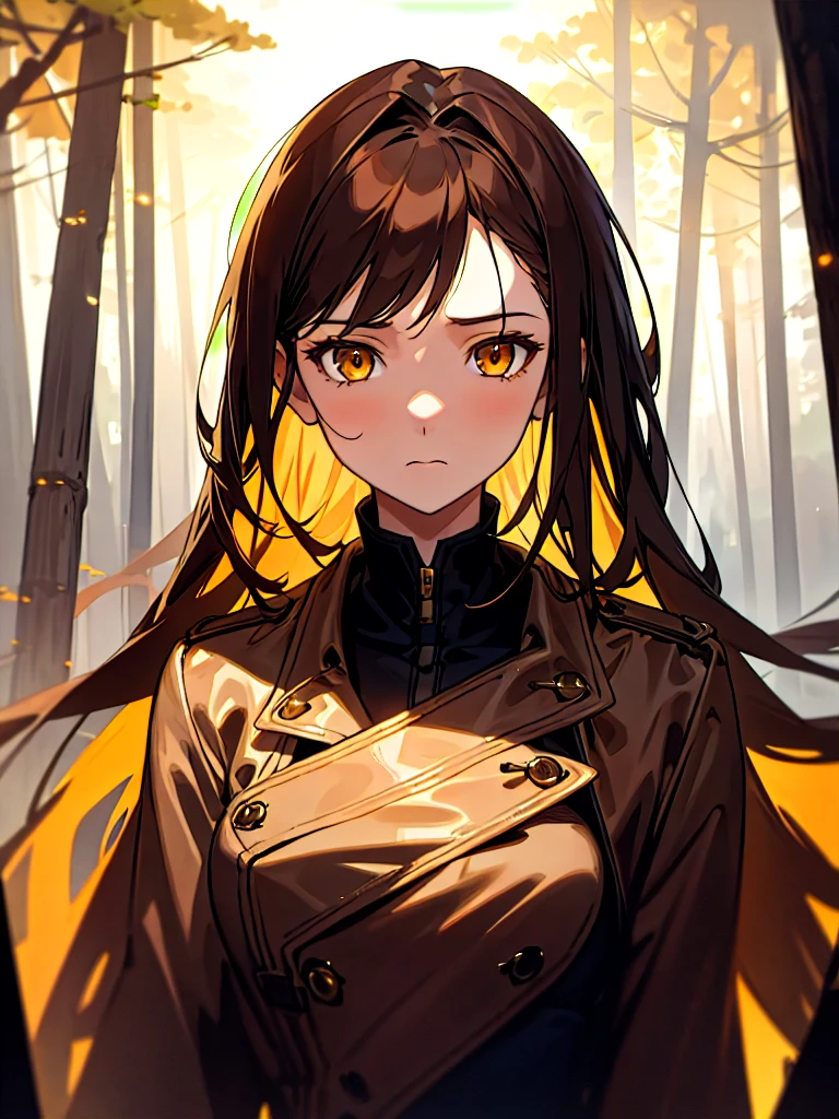 {{upper body, portrait}} {{Artist: sincos}} 1girl, mature female, dark brown hair, long hair, golden eyes, emotionless expression, brown trench coat, outdoors, night sky, forest, pov,