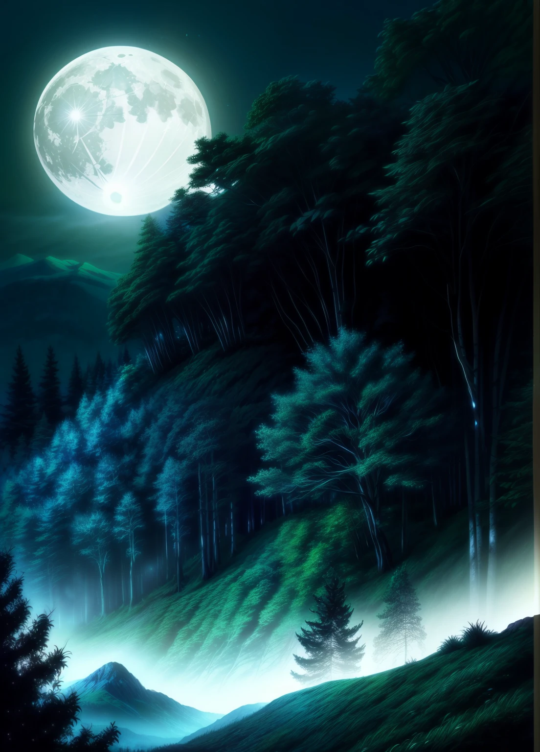 a magical enchanted forest, full moon rising from behind the hills, people wandering through the lush greenery, beautiful detailed eyes,beautiful detailed lips,extremely detailed eyes and face,longeyelashes, fantasy landscape, moody lighting, dramatic shadows, vibrant colors, intricate details, (best quality,4k,8k,highres,masterpiece:1.2),ultra-detailed,(realistic,photorealistic,photo-realistic:1.37),cinematic lighting,dramatic atmosphere,mystical,whimsical