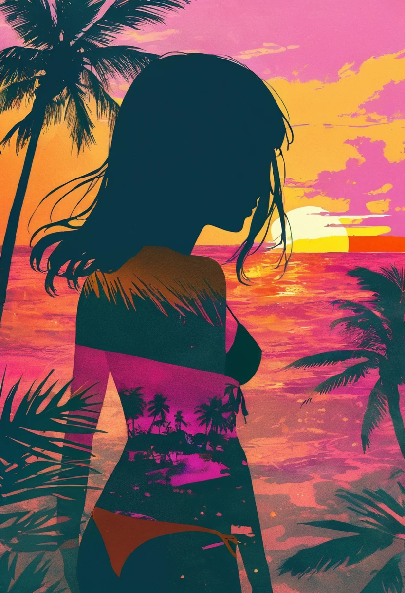 Black shadow of a woman with a light in her heart, cartoon style, Vice City GTA, on the beach
