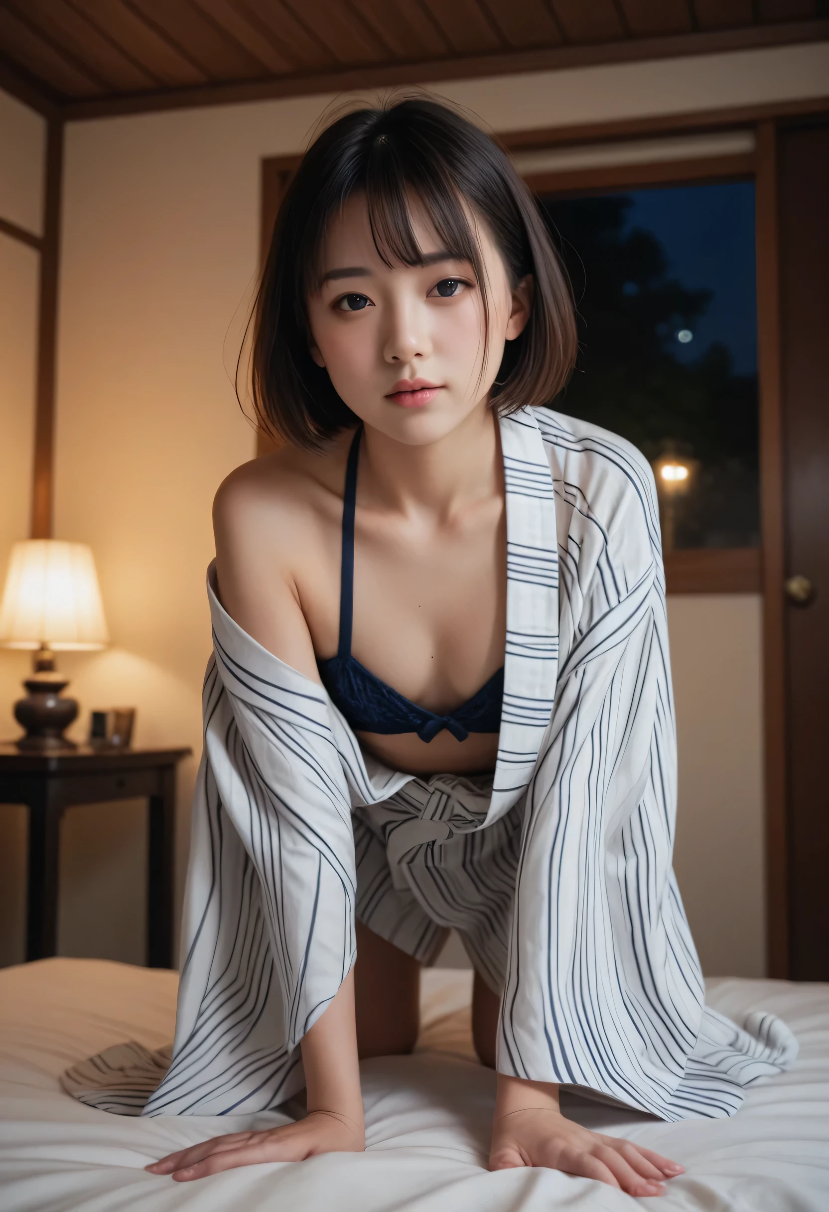 ((Best Quality)), ((masterpiece)), (detailed), ((photograph)),high quality photos, in beautiful japanese room ,in the night, Turn off the lights and make it dim,in the darkness ,,one japanese girl ,short hair ,black eyes,Wearing a yukata, doggy style ,cleavage,Small breasts、Flat Chest,,The girl gently grasps the man&#39;s crotch , ,joyful ,knolling photos 