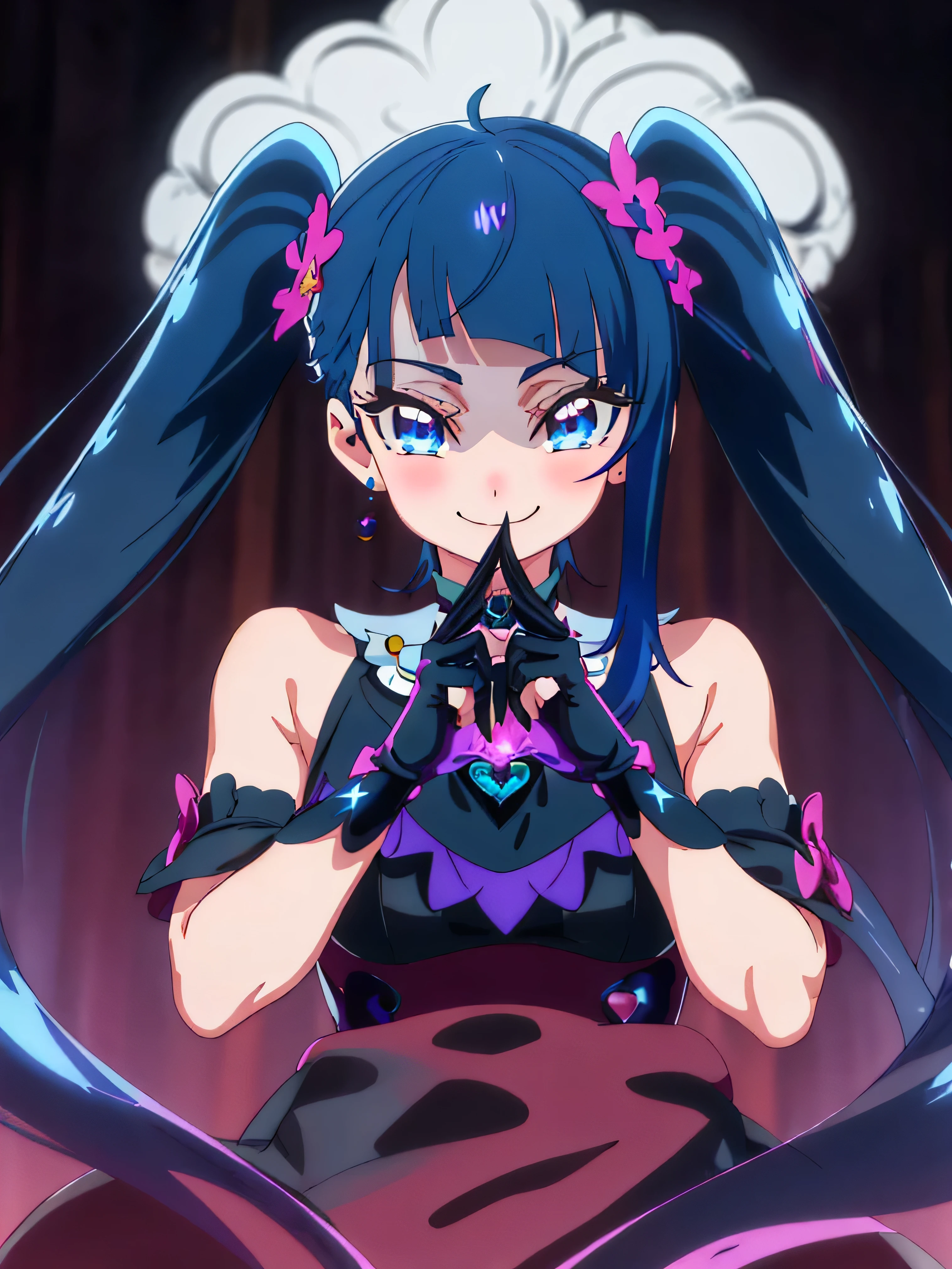 Highest quality, Very detailed,One Girl, alone, {cure_null_hirogarunullprecure:1.15}, Dark blue hair, blue eyes, Blue flames in the eyes, Long Hair, Twin tails, Magical girl, bangs, Open your mouth, Redhead, multicoloRedhead, One Girl, blunt bangs, Darken your clothes, hair ornaments, Wicked Smile, devilish aura (Shiny fabric:1.5), Full Body Shot, Purple Gemstone, attractive, blush, (Beautiful attention to detail:1.6), Very detailed顔, Perfect lighting, Extremely detailed CG, (Perfect hands, Perfect Anatomy), devil, black color scheme, Shiny material, Grin, Black ribbon, black satin gloves, Evil clover leaf ornament, Black frills, jewelry, corruption, Latex Gloss, Black Gothic Cape, Wicked Smile,(Spooky world)))), (((Horror World))) ,((masterpiece)), ((Highest quality)), ((Very detailed)), (figure), ((Very delicate and beautiful)), , cloudy null, CG Style, One-sided black wing,Dark shadowed face,Sadistic smile,Malice,Contempt,smile,black,Perfect hands,Perfect body,shiny latex Elbow full gloves,Perfect face,Black Miasma,Black Fog
