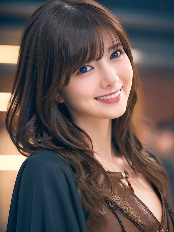 Dark Brown Hair, Short Hair, bangs, Beautiful girl 1, Wartune Mage Robe, Clevis, Miniskirt, porcelain skin, Arched thin eyebrows, Sparkle of blue eyes, Detailed aspect, Surreal, perfectionな体, (Emphasize the chest 1.5)、Realistic textured skin, Realistic Cloth, cute, Alone, (),(smile:0.85), Looking into the camera, close, Cinema Lighting, perfection, Soft Light, （Full Body Shot), Cowboy Shot, ((最high quality)), ((masterpiece)), A seductive smile tugged at the corners of her lips., 軽いsmile, shy, Frame, Canon, Anatomically correct, Super detailed, high quality, 16k