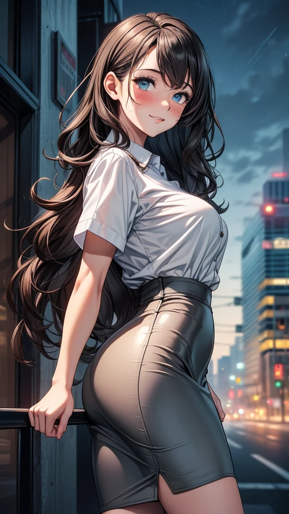 A girl, cabello rubio dark largo, Blue eyes, wearing a long sleeve white button up shirt, big breasts, perfect ass, shiny black tight leggings, alley, evening, dark, Moonlight, absurd, high resolution, ultra-sharp, 8k, Masterpiece, view from front, looking at the viewer