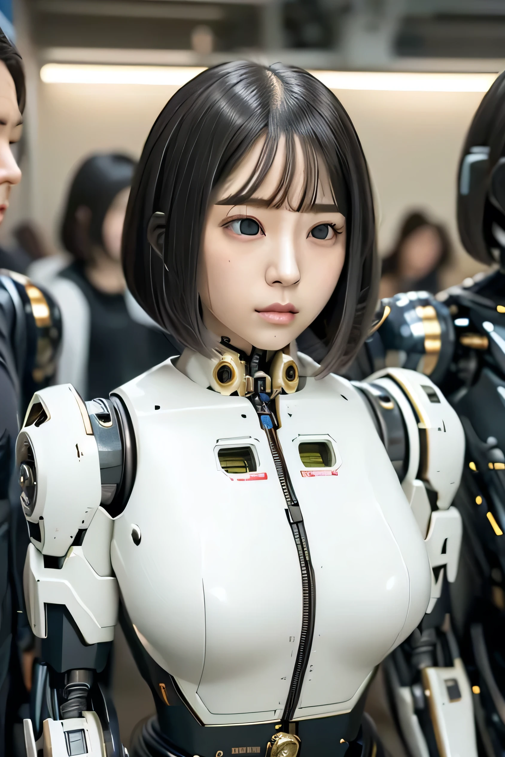 masterpiece, best quality, extremely detailed, Japaese android girl,portrait,Plump,a bit chubby,control panels,android,Droid,Mechanical Hand, Robot arms and legs, Black hair,Blunt bangs,perfect robot girl,long tube,thick cable connected her neck,android,robot,humanoid,cyborg,japanese cyborg girl ,robot-assembly plant,She is assembling now,assembly scene,blue eyes,chest monitor,hypnosis,blank eyes,bob cut