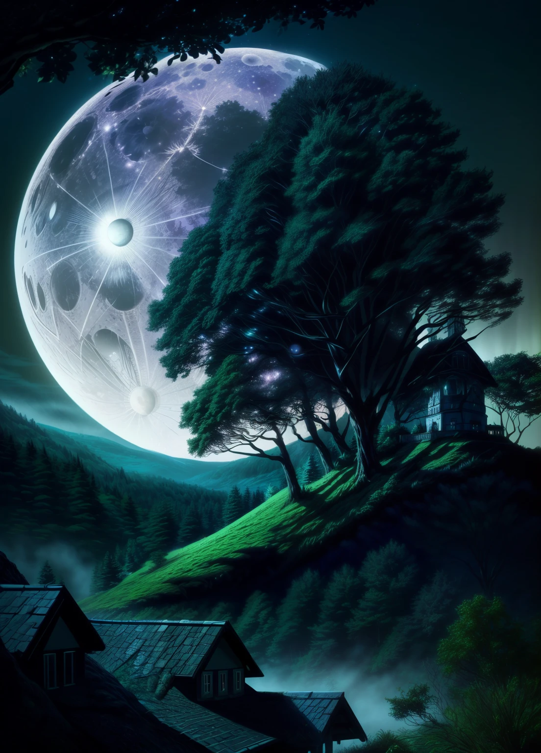 a magical enchanted forest, full moon rising from behind the hills, people wandering through the lush greenery, beautiful detailed eyes,beautiful detailed lips,extremely detailed eyes and face,longeyelashes, fantasy landscape, moody lighting, dramatic shadows, vibrant colors, intricate details, (best quality,4k,8k,highres,masterpiece:1.2),ultra-detailed,(realistic,photorealistic,photo-realistic:1.37),cinematic lighting,dramatic atmosphere,mystical,whimsical