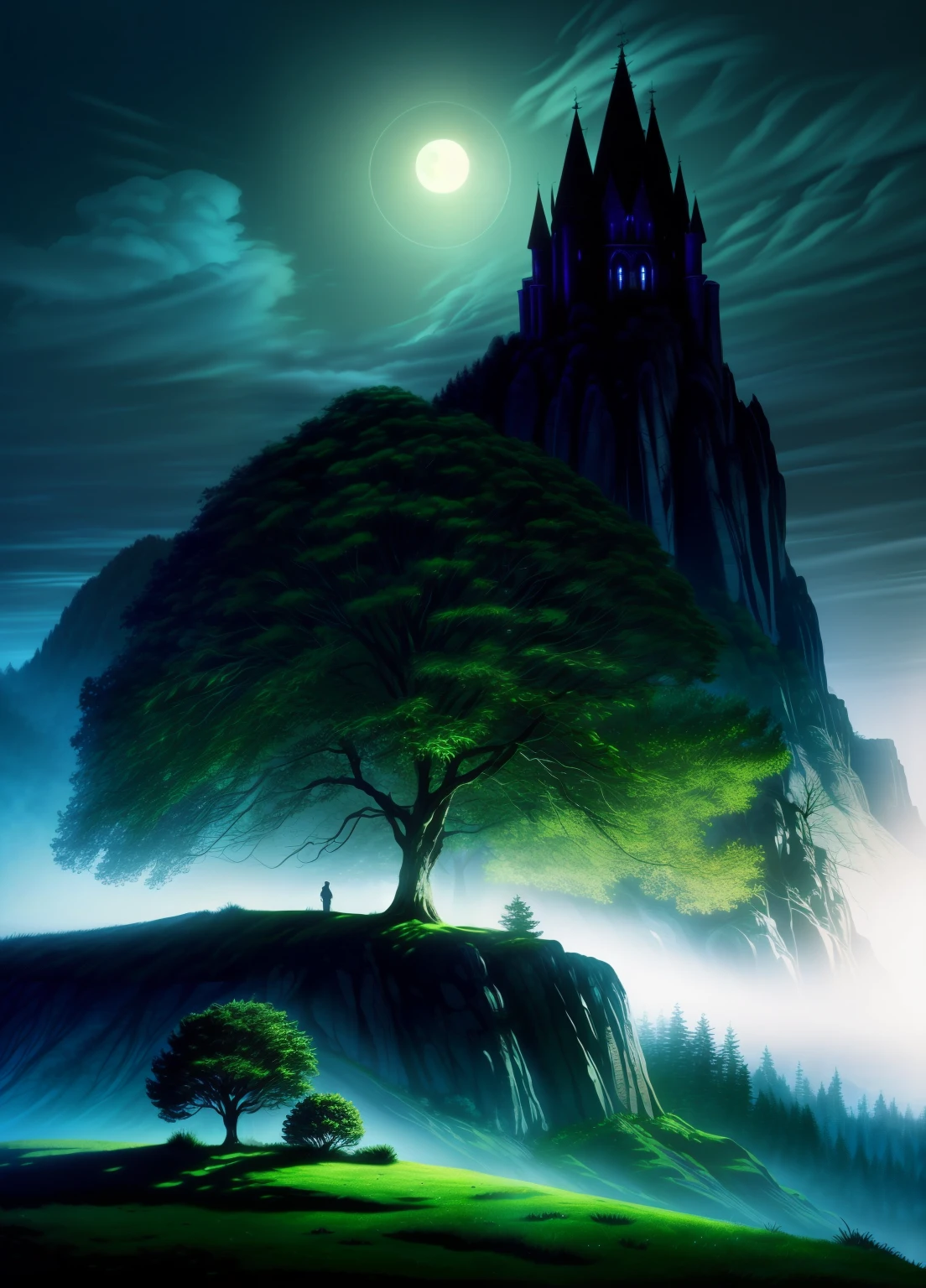 a magical enchanted forest, full moon rising from behind the hills, people wandering through the lush greenery, beautiful detailed eyes,beautiful detailed lips,extremely detailed eyes and face,longeyelashes, fantasy landscape, moody lighting, dramatic shadows, vibrant colors, intricate details, (best quality,4k,8k,highres,masterpiece:1.2),ultra-detailed,(realistic,photorealistic,photo-realistic:1.37),cinematic lighting,dramatic atmosphere,mystical,whimsical