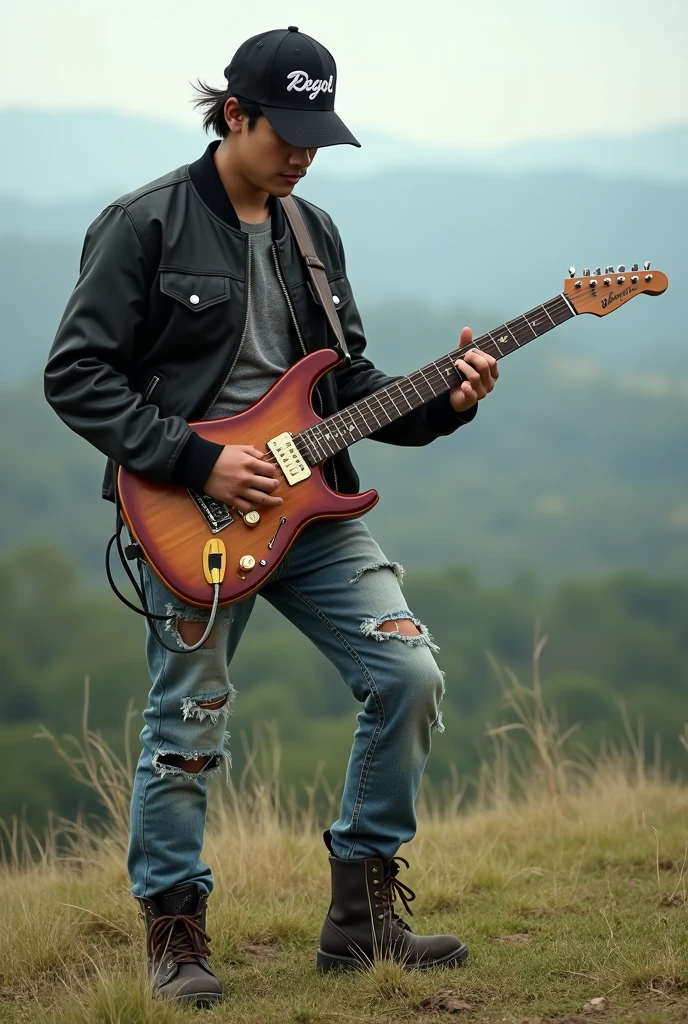 A monkey in a cap playing a white Stratocaster guitar on a hill in a heroic pose
