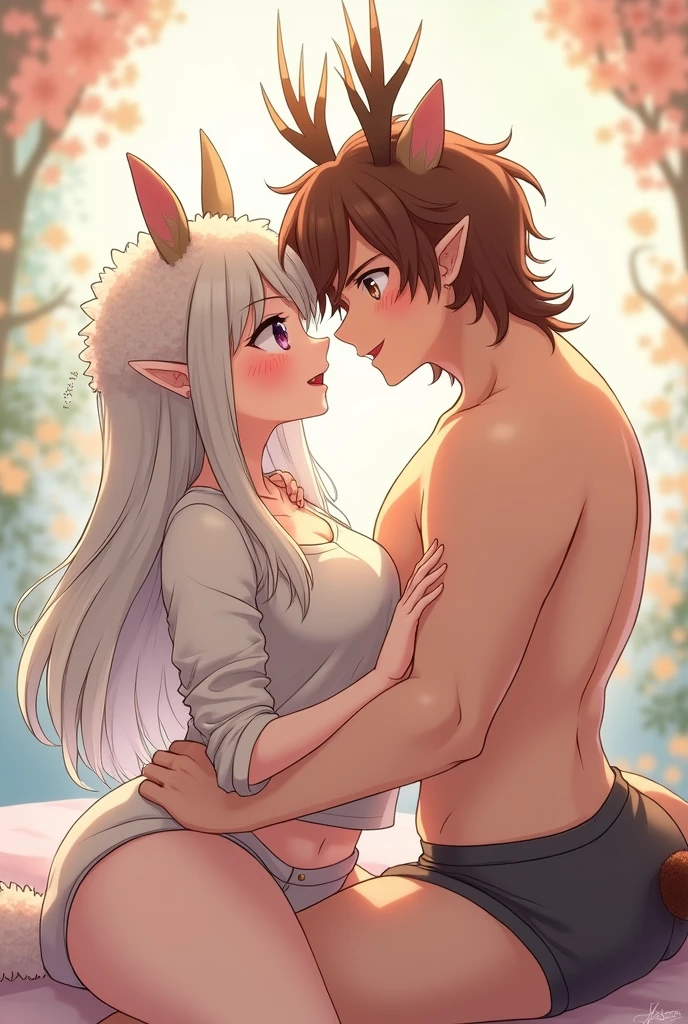 ((best quality, Masterpiece, Complete anatomy, Detailed pictures)), long haired, 1 woman, ferret arctic, sexy, long white hair, ponytail, gray eyes, White eyes, ferret tail, naked, red red, shy, in the cherry tree, have sex, Having sex between men and women,