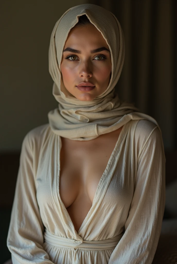 RAW photo,hazy atmosphere,35mm focal lenght,underexposed,cold,candid photograph,artistic,full body,photo of a beautiful,30yo Kurdish woman,hijab,pubes,detailed skin,fully naked,looking at viewer,realistic body,candid pose,white background,no background,blue light, film grain, kodak color, instagram LUT