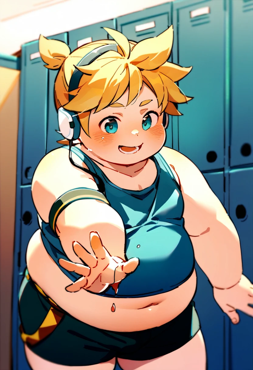 1 boy, (fat male child), (Kagamine Len), (cute), obese, chubby cheek, fat rolls, tank top, earphone, (chubby), (plump), (belly significantly spill over the waistband), standing in a changing room, (full blushed), belly button exposed, showing off his belly, naughty face