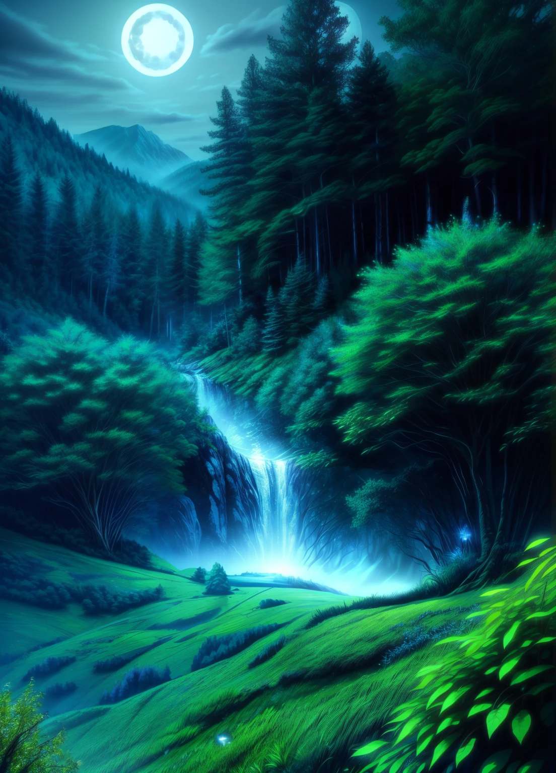 a magical enchanted forest, full moon rising from behind the hills, people wandering through the lush greenery, beautiful detailed eyes,beautiful detailed lips,extremely detailed eyes and face,longeyelashes, fantasy landscape, moody lighting, dramatic shadows, vibrant colors, intricate details, (best quality,4k,8k,highres,masterpiece:1.2),ultra-detailed,(realistic,photorealistic,photo-realistic:1.37),cinematic lighting,dramatic atmosphere,mystical,whimsical